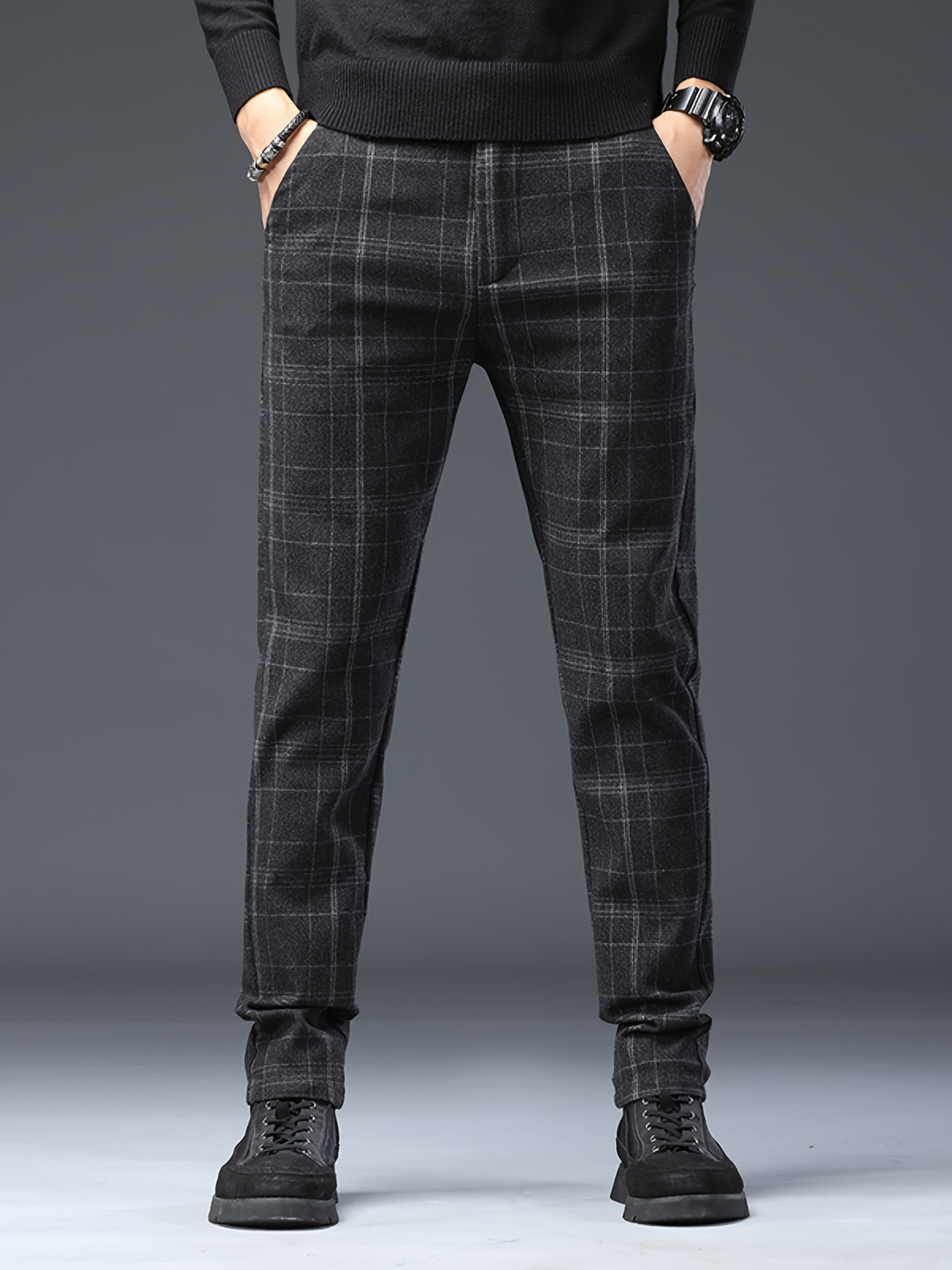Men's Casual Retro Plaid Slim Fit Trousers For Fall Winter Leisure Activities
