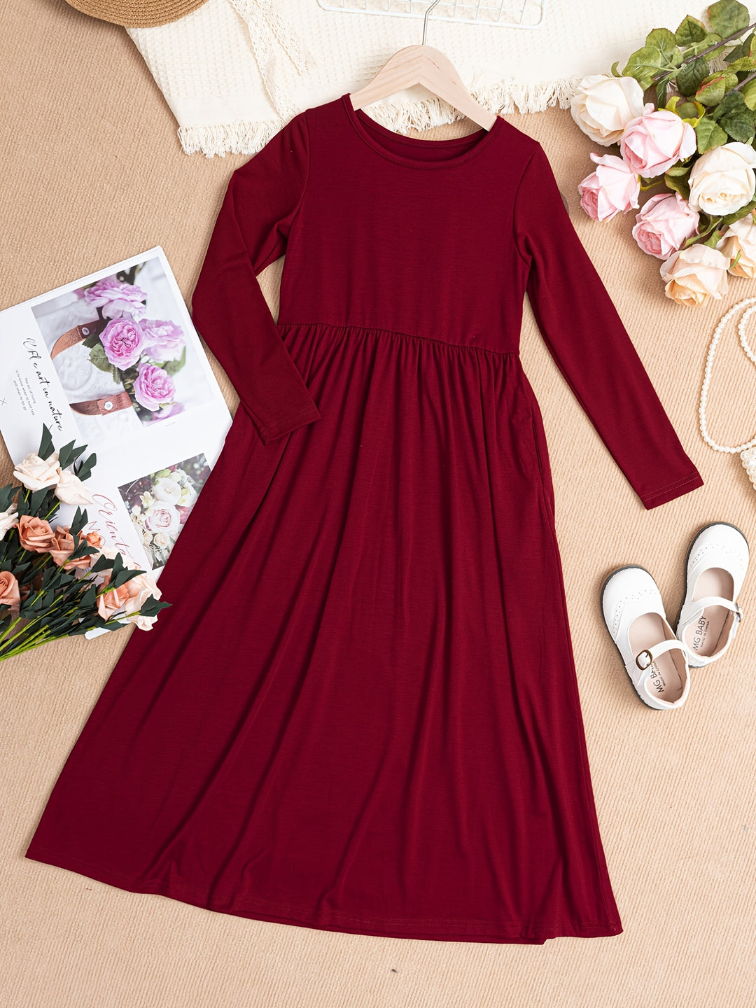 Solid Long Sleeve Pockets Maxi Dress For Girls Comfy Fit Kids Elegant Casual Dresses For Spring/ Fall