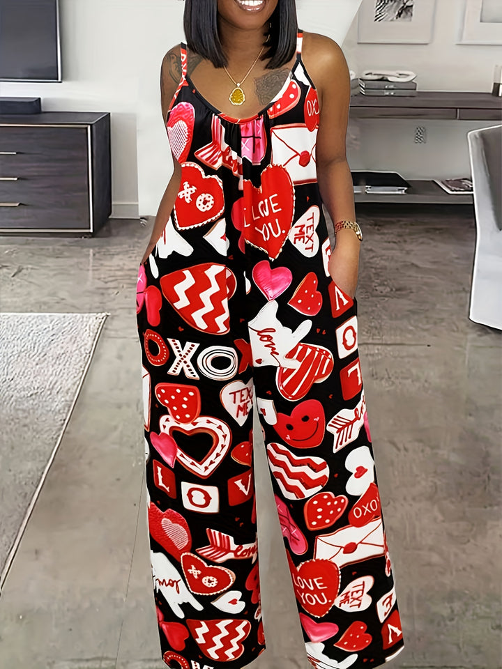 Women's Valentine's Day Jumpsuit, Plus Size Heart & Letter Print Round Neck Wide Leg Cami Jumpsuit With Pockets