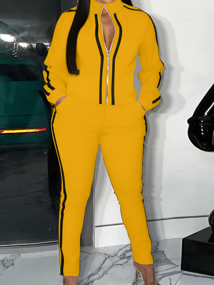 Plus Size Casual Outfits Two Piece Set, Women's Plus Stripe Print Zip Up Long Sleeve High Neck Jacket & Pants Outfits 2 Piece Set