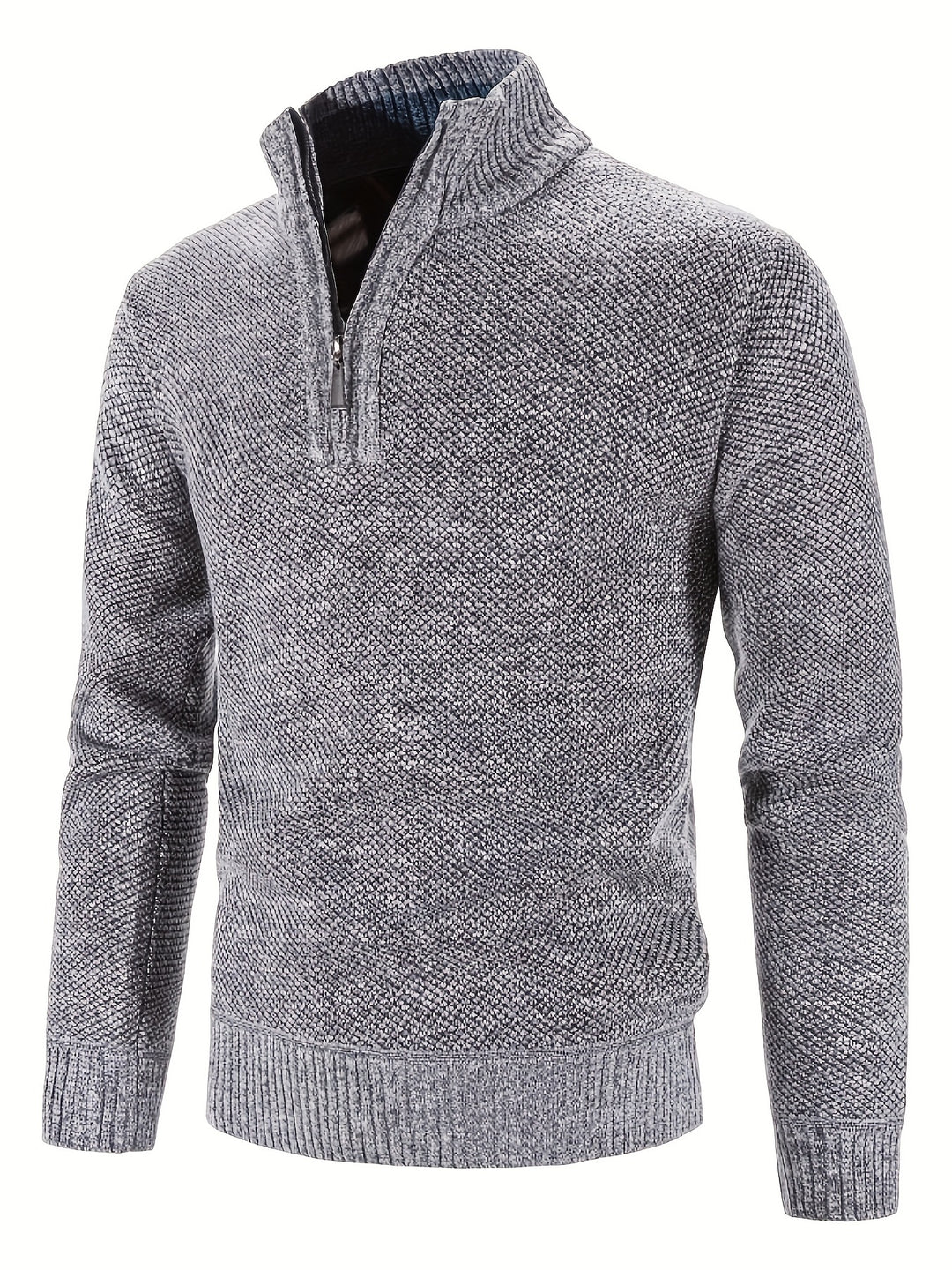 Warm Herringbone Twill Pullover Sweater, Men's Casual High Neck Mid Stretch Jacket Sweater For Fall Winter