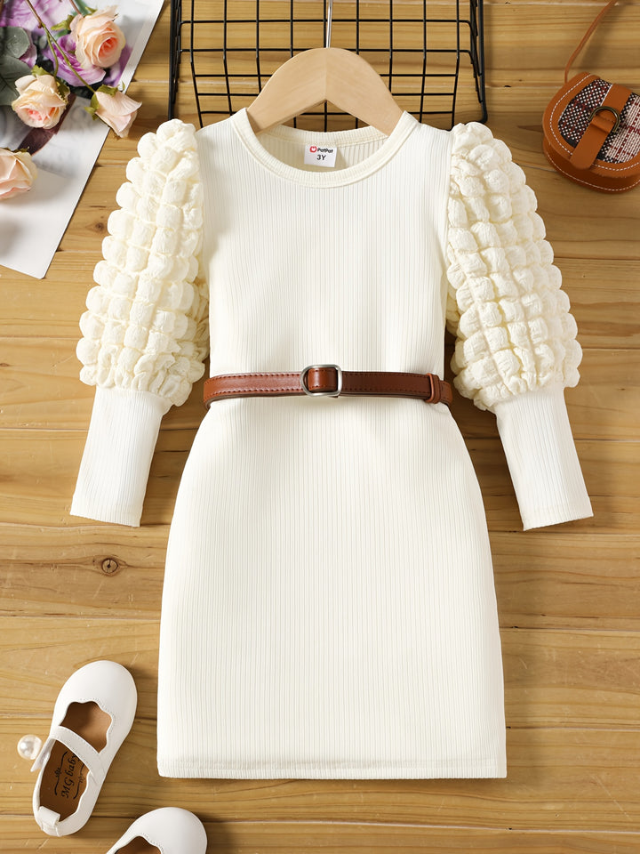 Toddler Girls Bubble Long Sleeves Gorgeous Rib Knit Tunic Dress (Belt Is Not Included)