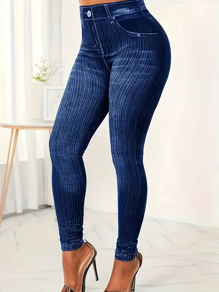 Fake Denim Print Skinny Leggings, Casual High Waist Stretchy Leggings, Women's Clothing