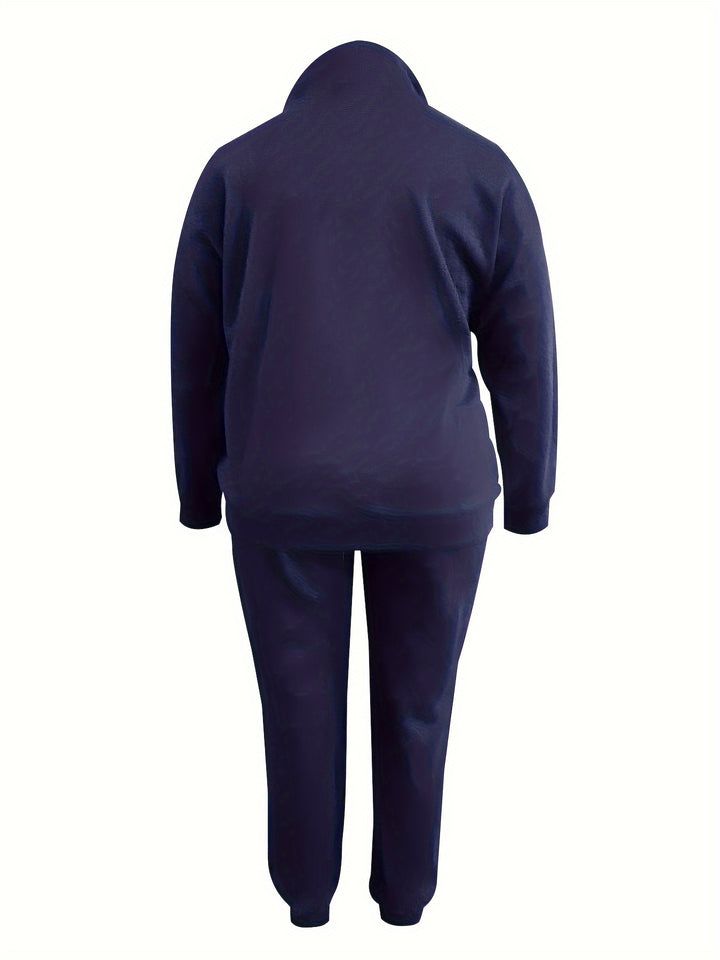 Plus Size Sporty Outfits Set, Women's Plus Solid Zipper Front Long Sleeve Coat & Joggers Outfits 2 Piece Set