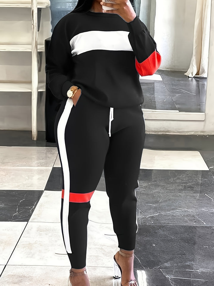 Plus Size Casual Outfits Set, Women's Plus Colorblock Long Sleeve Round Neck Pullover Top & Drawstring Joggers With Pockets Outfits Two Piece Set