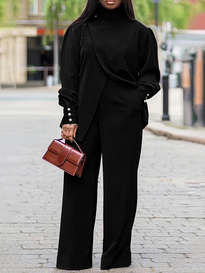 Plus Size Casual Outfits Set, Women's Plus Solid Button Detail Long Sleeve Turtleneck Wrap Hem Top & Pants Outfits 2 Piece Set