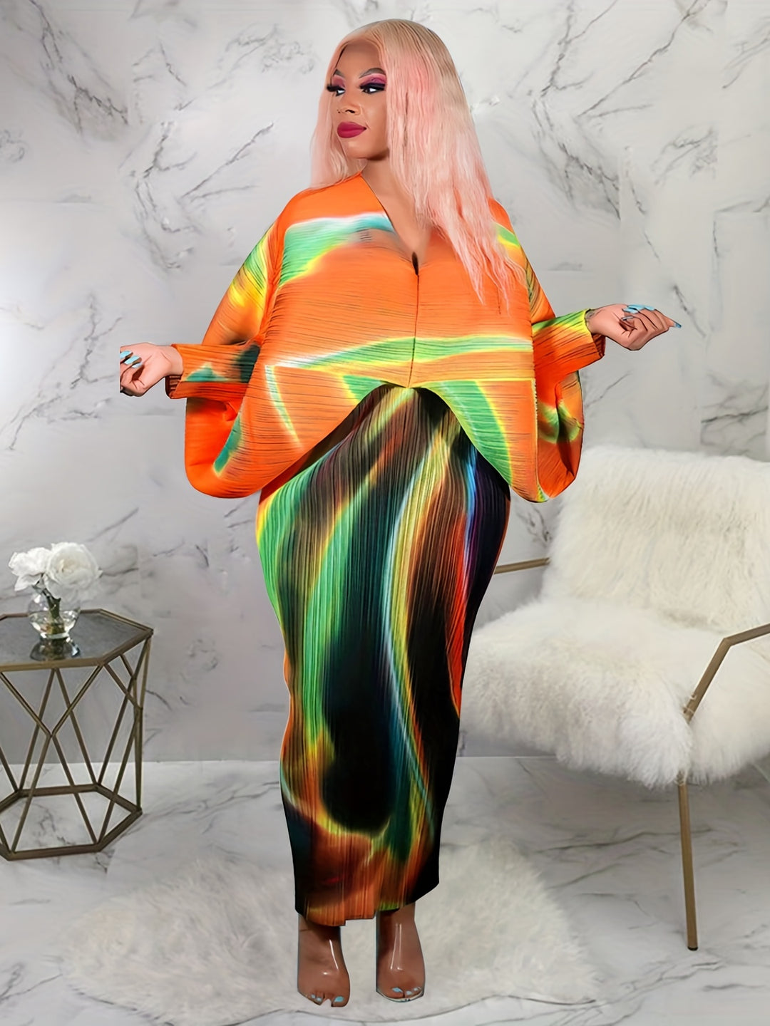 Color Block Batwing Sleeve Dress, Casual V Neck Bodycon Maxi Dress, Women's Clothing