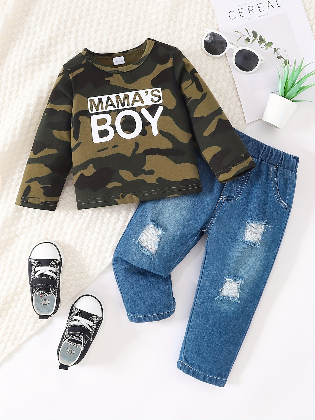 Toddler Baby Boys Trendy Casual Outfit, COOLER VERSION OF DAD Letter Print Long Sleeve Top & Ripped Jeans Set