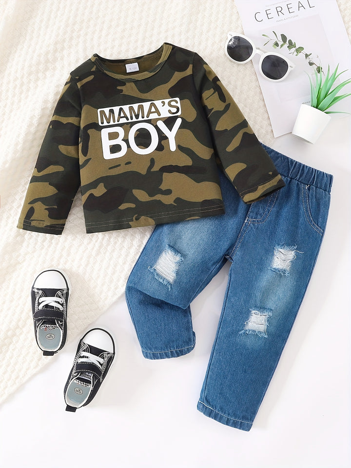 Toddler Baby Boys Trendy Casual Outfit, COOLER VERSION OF DAD Letter Print Long Sleeve Top & Ripped Jeans Set