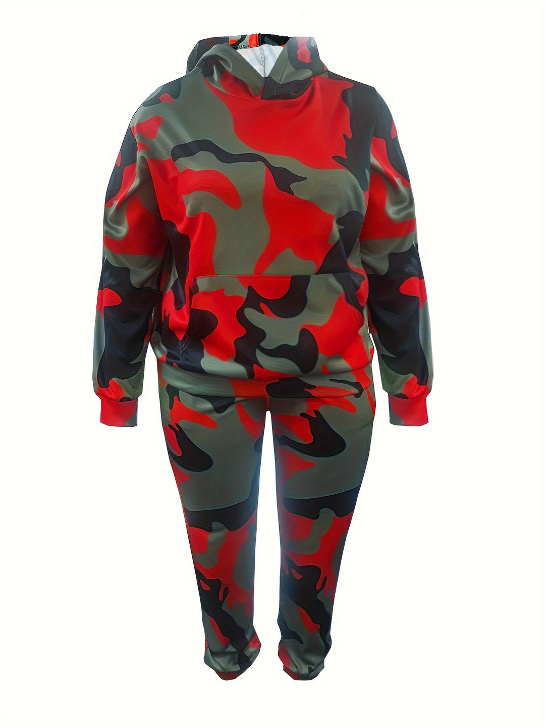 Plus Size Casual Outfits Set, Women's Plus Camo Print Long Sleeve Slight Stretch Hoodie & Joggers Outfits Two Piece Set