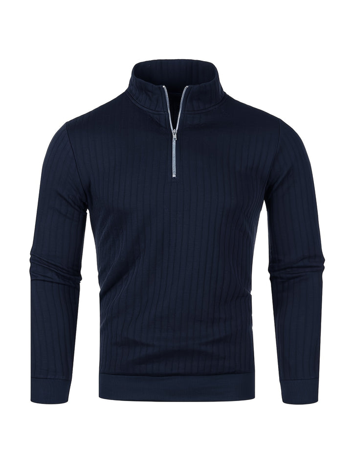 Ribbed Knitted Half Zipper Sweater, Men's Casual Warm Slightly Stretch Stand Collar Pullover Sweater For Men Fall Winter