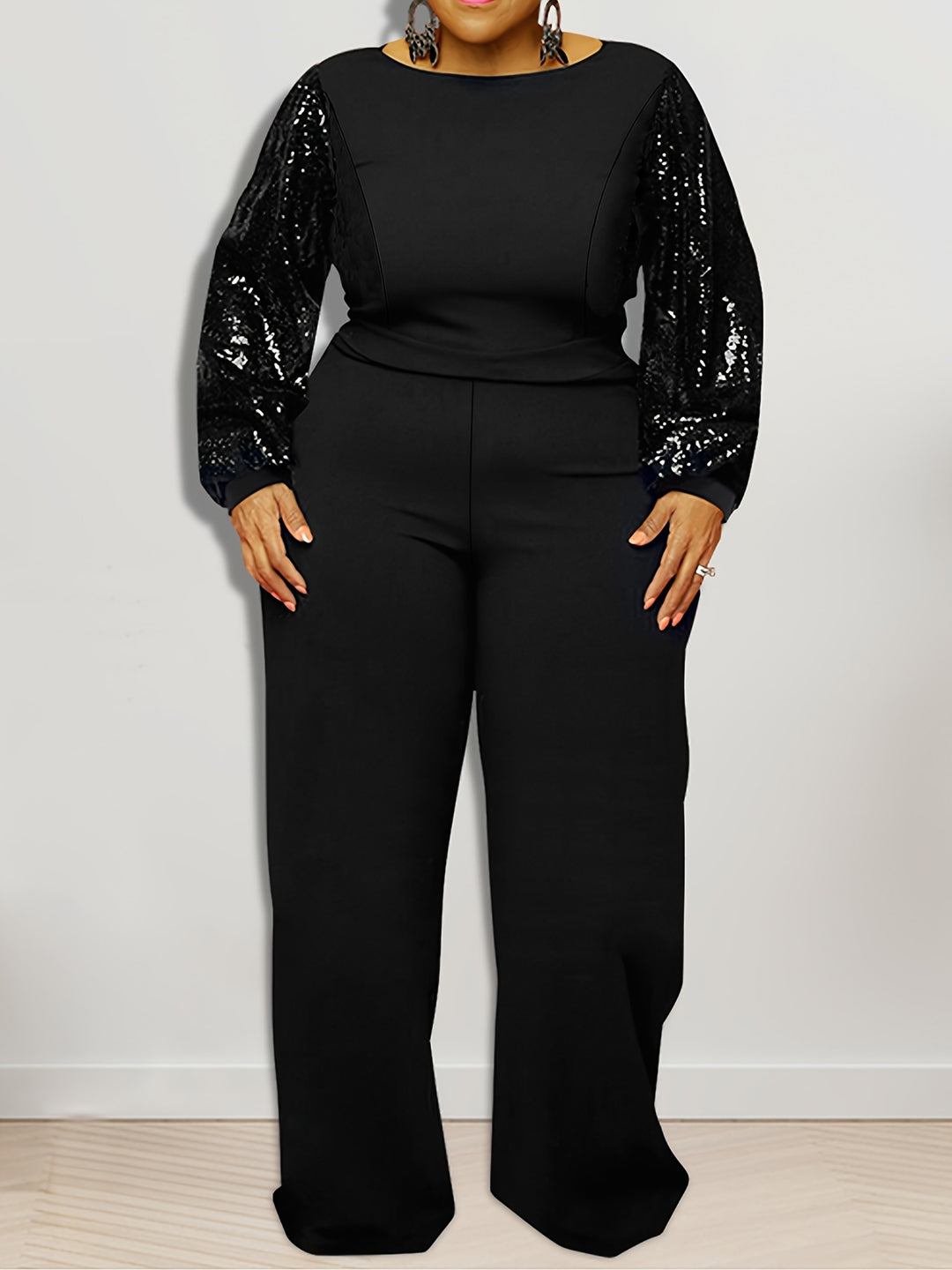 Plus Size Contrast Sequin Long Sleeve Wide Leg Jumpsuit, Women's Plus High Stretch Elegant Party Jumpsuit