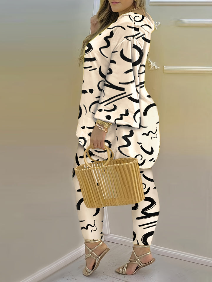 Plus Size Casual Outfits Set, Women's Plus Graffiti Print Long Sleeve V Neck Top & Straight Leg Pants Outfits Two Piece Set