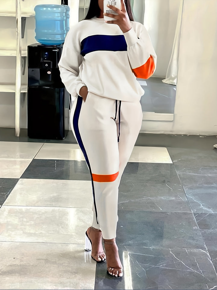 Plus Size Strip Pattern Shirt & Pants Set, Women's Casual Round Neck Slight Stretch 2pcs Set