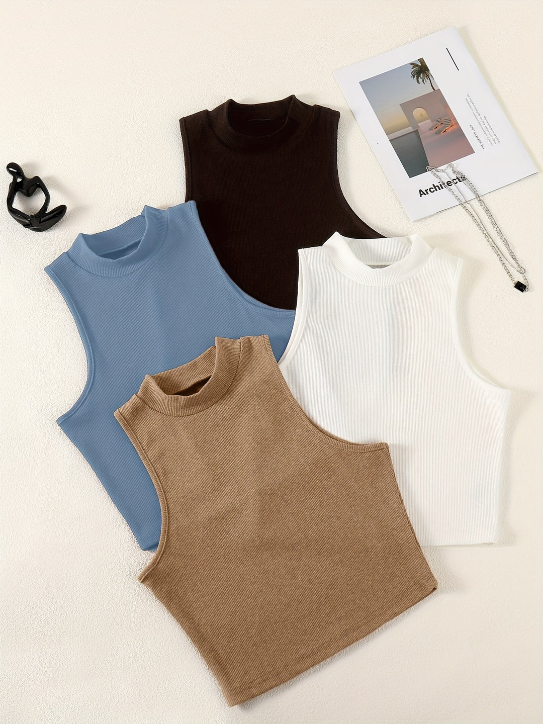 Solid Summer 4pcs Tank Tops, Casual Crew Neck Sleeveless Knit Tank Tops, Women's Clothing