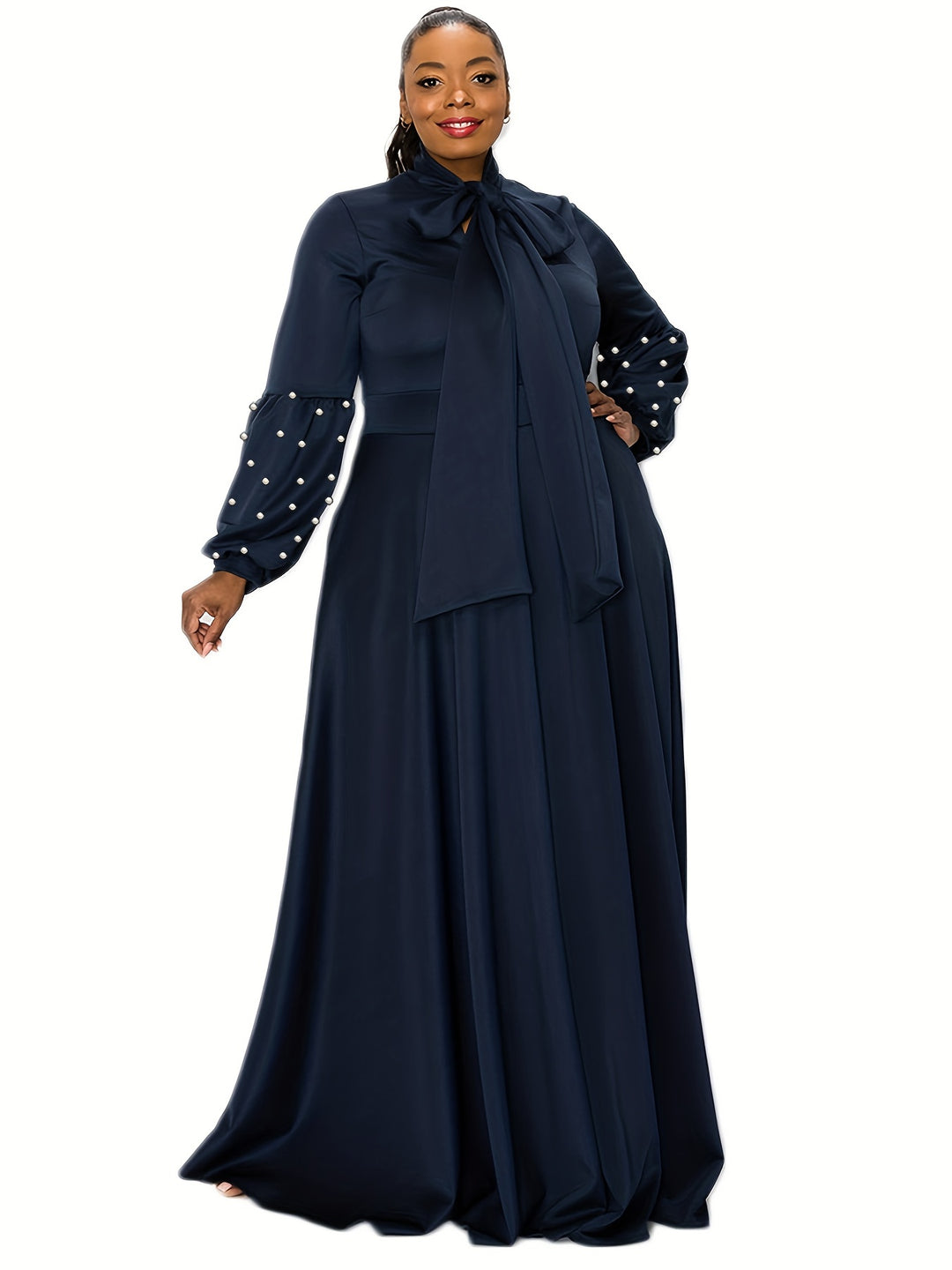 Plus Size Elegant Dress, Women's Plus Plain Faux Pearl Decor Knot Front Loose Fit Maxi Party Dress