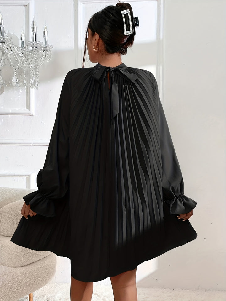 Elegant Solid Color Pleated Dress for Women, Casual and Comfortable Long Sleeve Dress