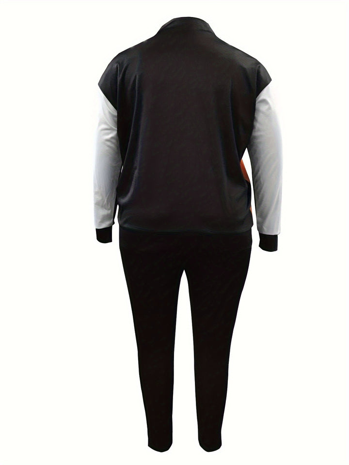 Plus Size Casual Outfits Set, Women's Plus Colorblock Long Sleeve Mock Neck Top & Elastic Drawstring Pants Outfits 2 Piece Set