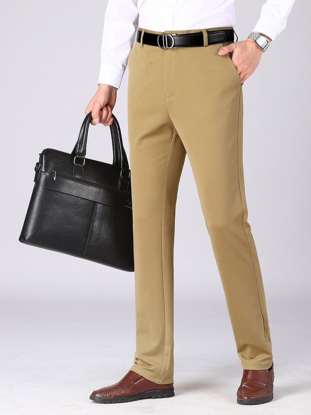 Classic Design Dress Pants, Men's Formal Solid Color Mid Stretch Dress Pants For Spring Summer Business