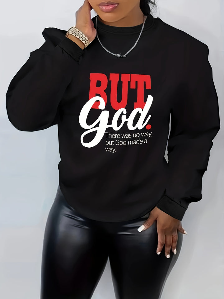 But God Letter Print Sweatshirt, Casual Crew Neck Long Sleeve Sweatshirt, Women's Clothing