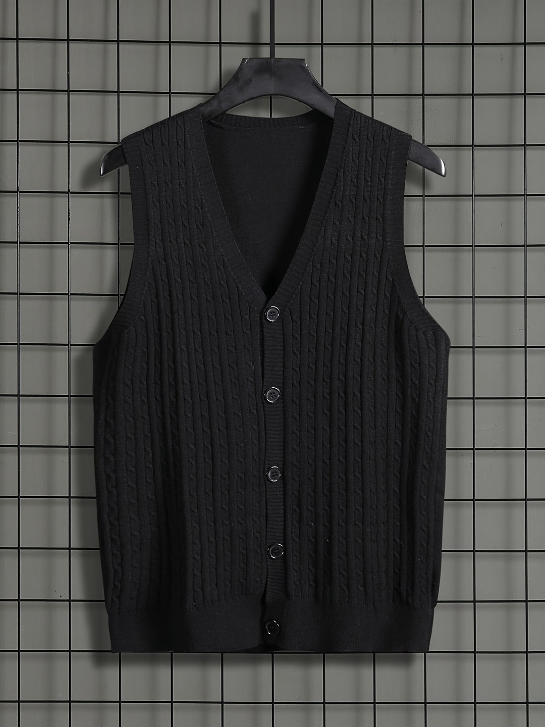 Elegant High Stretch Knit Cable Cardigan Vest, Men's Casual Vintage Style V Neck Button Up Cardigan Vest For Fall Winter
