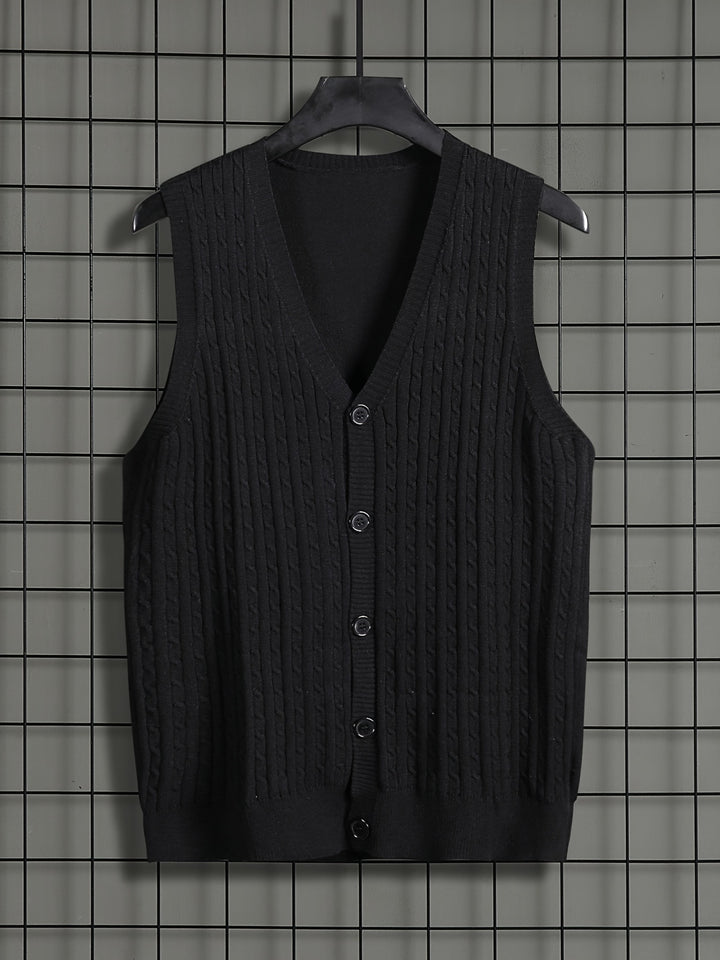 Elegant High Stretch Knit Cable Cardigan Vest, Men's Casual Vintage Style V Neck Button Up Cardigan Vest For Fall Winter