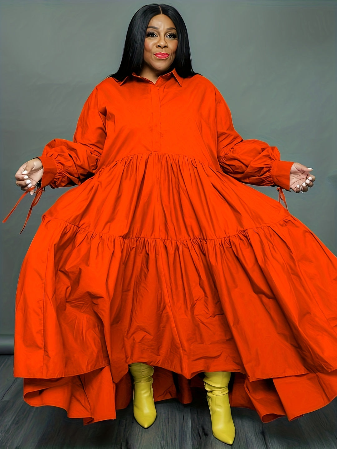 Plus Size Elegant Dress, Women's Plus Solid Tie Lantern Sleeve Ruffle Trim Polo Neck Loose Smock Dress