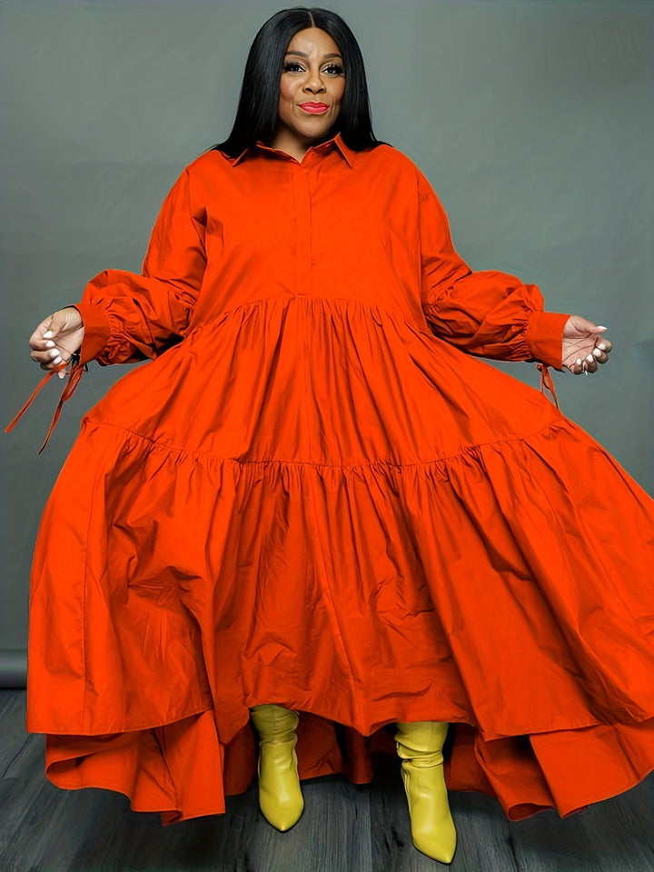 Plus Size Elegant Dress, Women's Plus Solid Tie Lantern Sleeve Ruffle Trim Polo Neck Loose Smock Dress