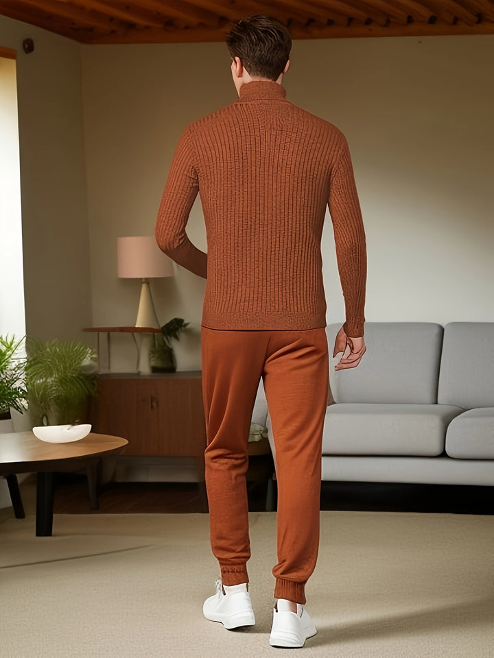 Men's Trendy Knitted Sweater, Casual Mid Stretch Breathable Turtle Neck Top For Outdoor Fall Winter