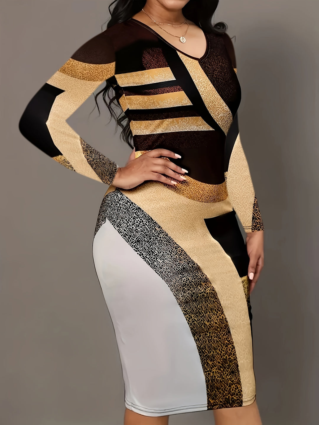 Color Block Long Sleeve Sheath Dress, Casual V Neck Slim Dress For Spring & Fall, Women's Clothing