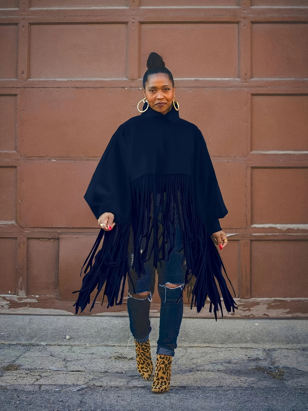 Plus Size Trendy Top, Women's Plus Solid Batwing Sleeve Mock Neck Fringe Trim Cloak Top