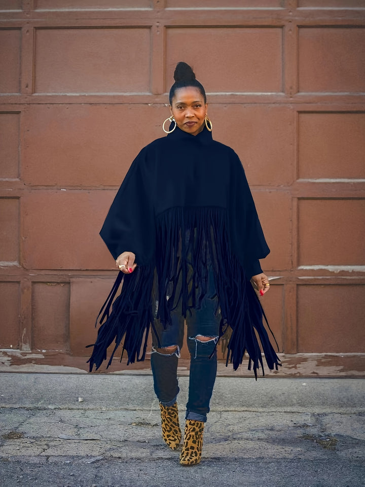 Plus Size Trendy Top, Women's Plus Solid Batwing Sleeve Mock Neck Fringe Trim Cloak Top