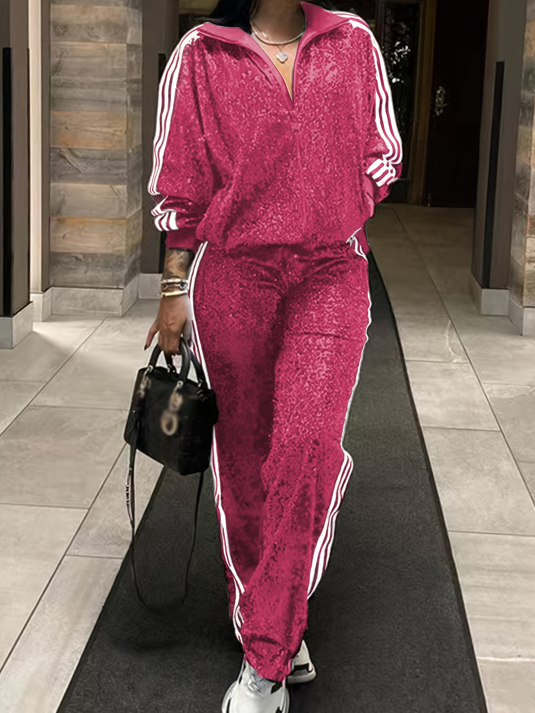 Plus Size Sequin Two-piece Set, Zip Front Long Sleeve Top & Pants Outfits, Women's Plus Size Clothing