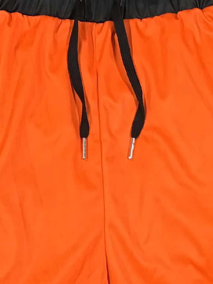 Plus Size Casual Outfits Set, Women's Plus Colorblock Long Sleeve Mock Neck Top & Elastic Drawstring Pants Outfits 2 Piece Set