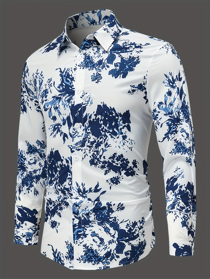 Trendy Flower Print Men's Casual Button Up Long Sleeve Shirt, Men's Clothes For Spring Summer Autumn, Tops For Men