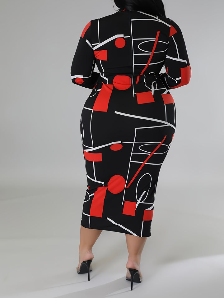 Plus Size Casual Dress, Women's Plus Geometric Print Long Sleeve Mock Neck Slim Fit Dress