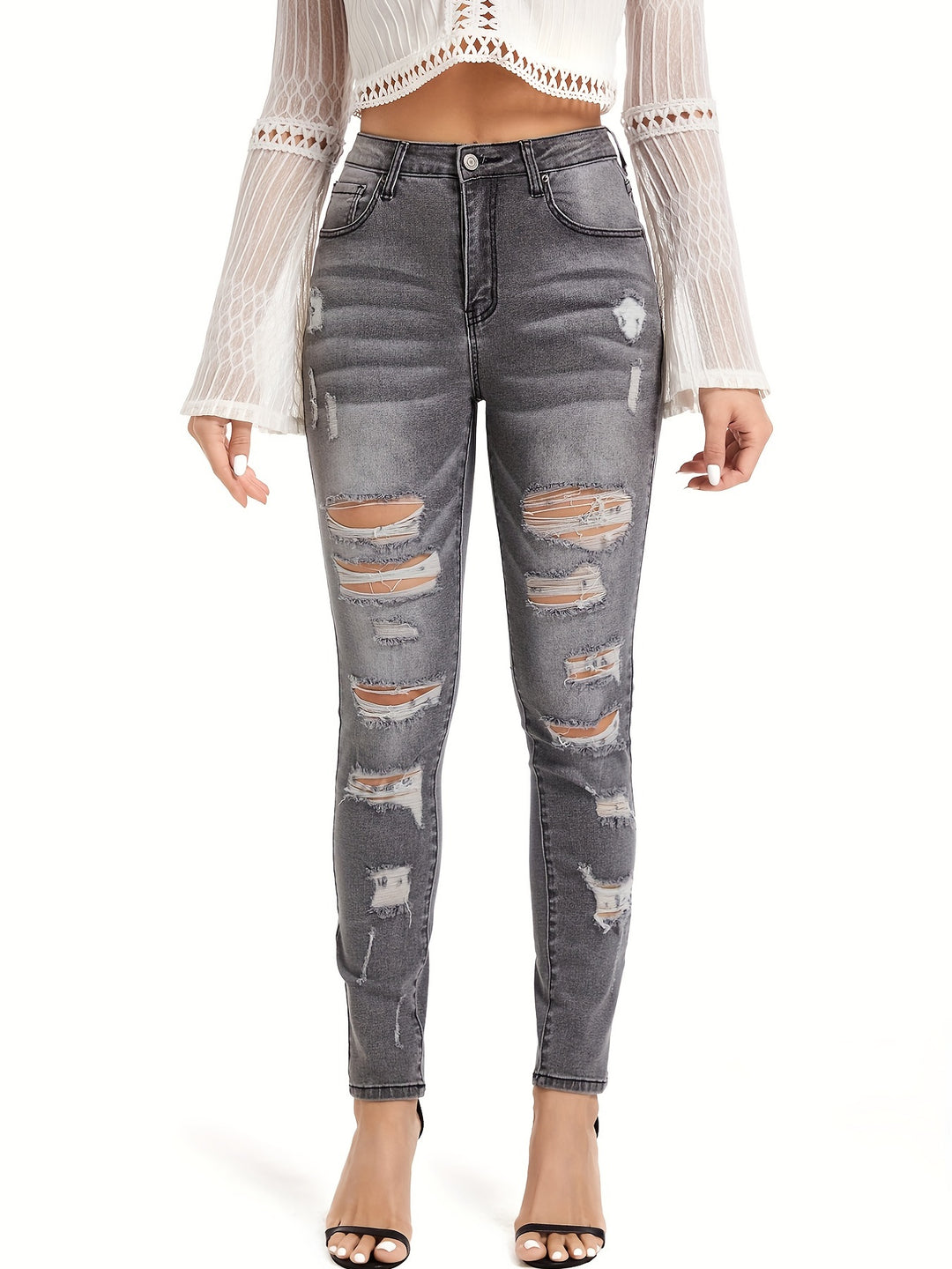 High Stretch Ripped Legs Skinny Jeans, Frayed Distressed Light Blue Denim Pants, Women's Denim & Clothing