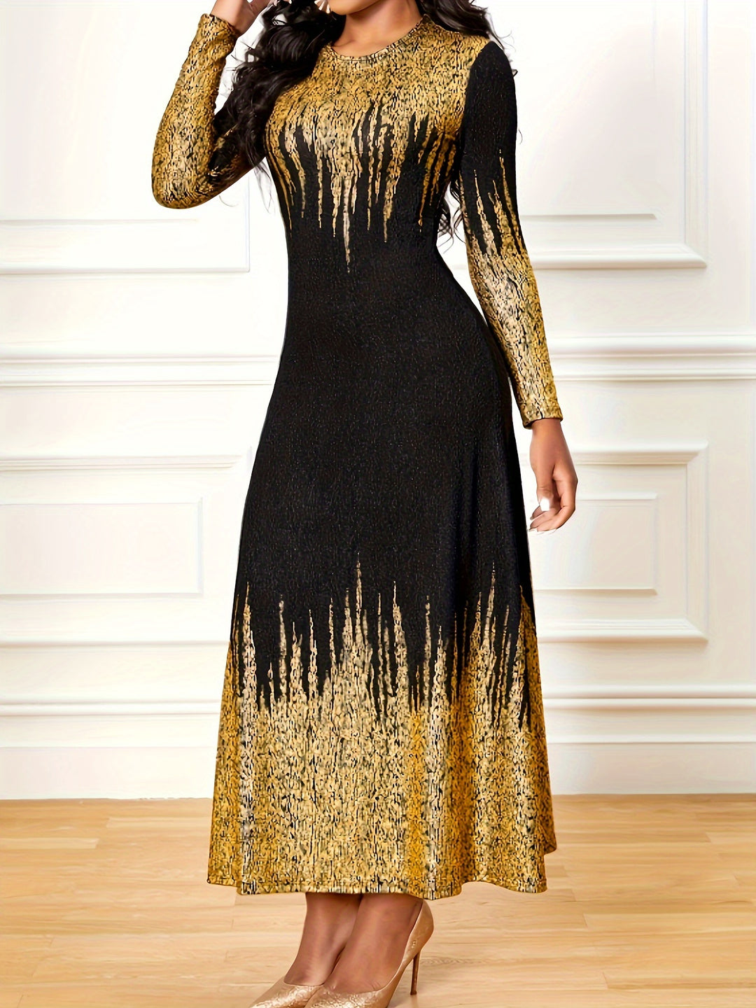 Stylish Plus Size Maxi Dress for Women - Colorblock Ombre Print and Long Sleeves