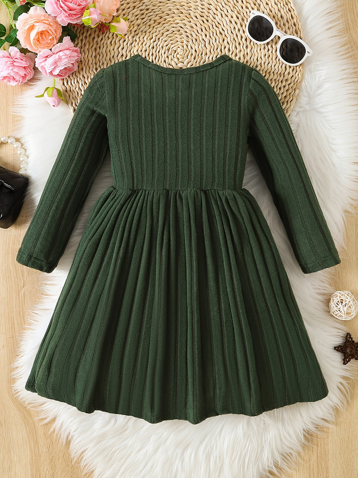 Girls Solid Color Dress Simple And Versatile Round Neck Long Sleeve Dress