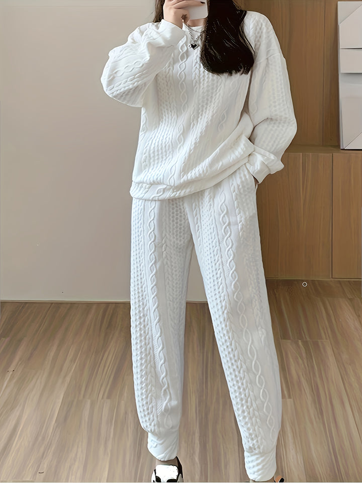 Textured Two-piece Set, Casual Long Sleeve Sweatshirt & Dual Pockets Pants Outfits, Women's Clothing