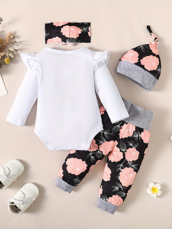 Infant Baby Comfy & Cute Outfit - Letter Graphic Romper + Floral Print Pants + Headband  Set