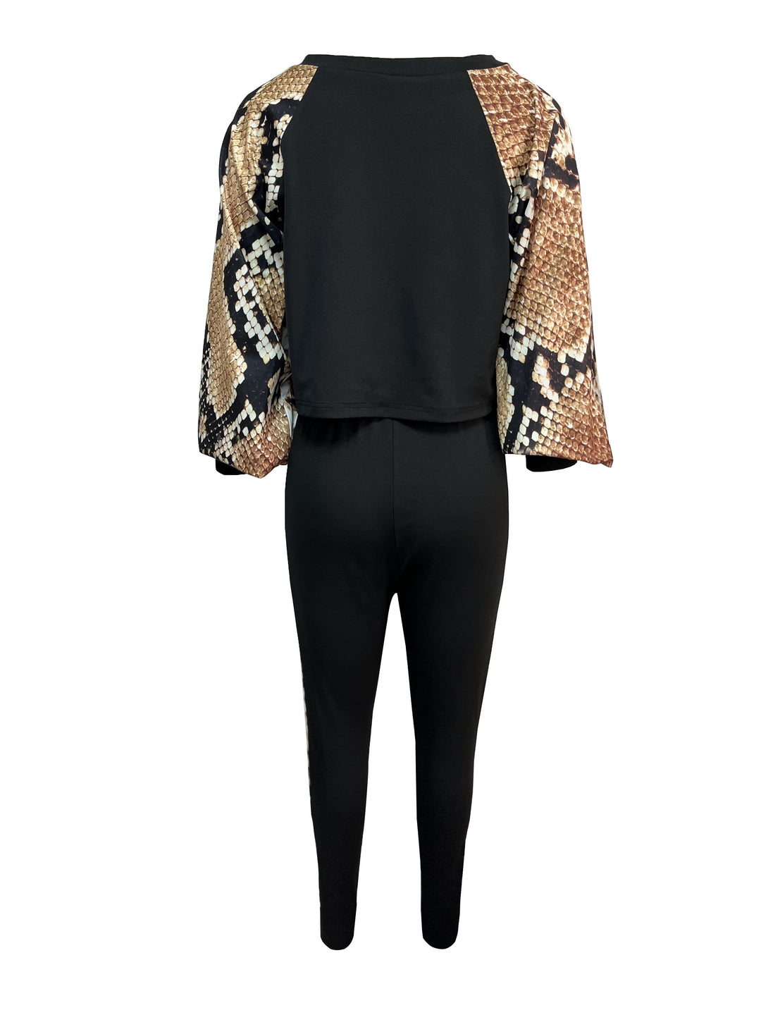 Graphic Print Splicing Two-piece Set, Crew Neck Long Sleeve Tops & Slim Long Length Leggings Outfits, Women's Clothing