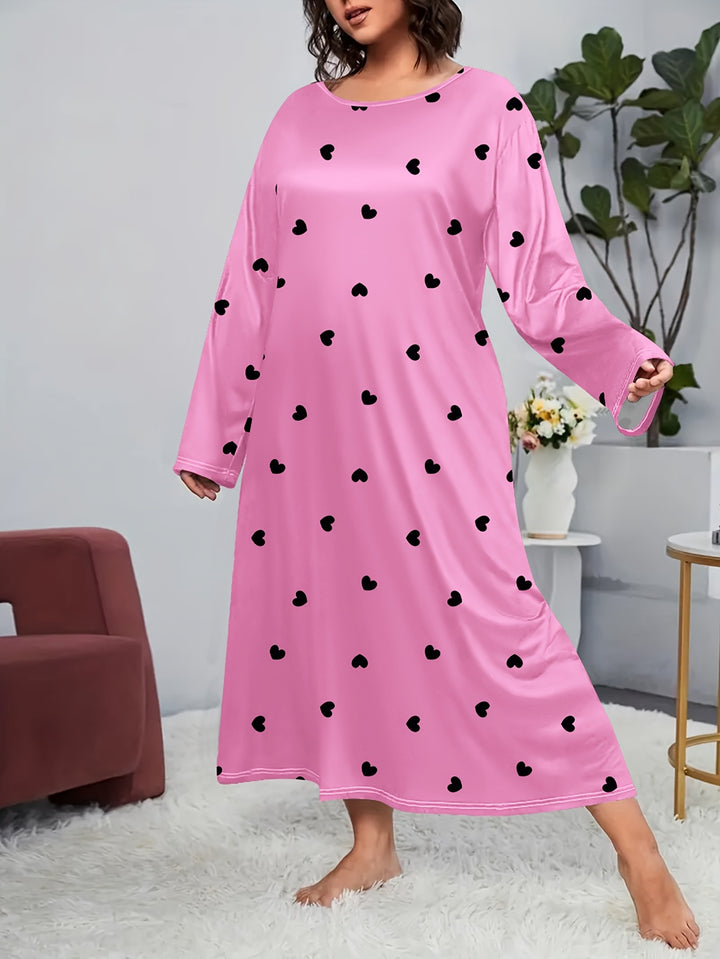 Plus Size Valentine's Day Elegant Nightdress, Women's Plus Heart Print Long Sleeve Round Neck Sleep Dress