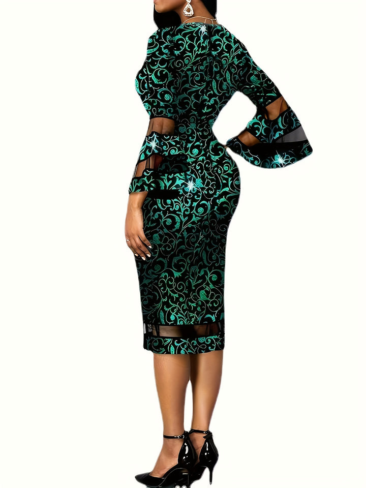 Plus Size Elegant Dress, Women's Plus Braque Print Contrast Mesh Trumpet Sleeve V Neck Slim Fit Party  Dress