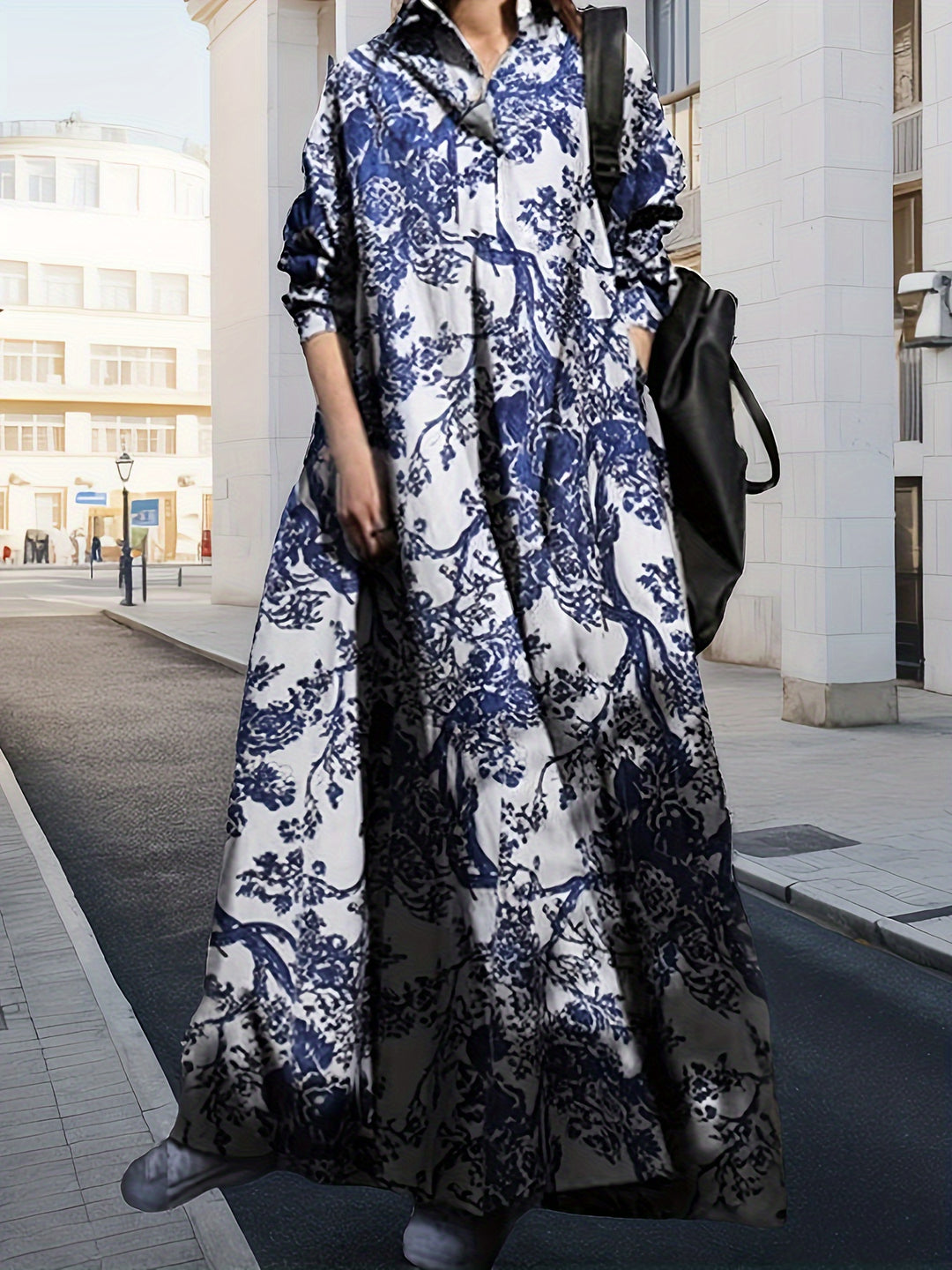 Vintage Graphic Print V-neck Dress, Elegant Long Sleeve Maxi Dress For Spring & Fall, Women's Clothing