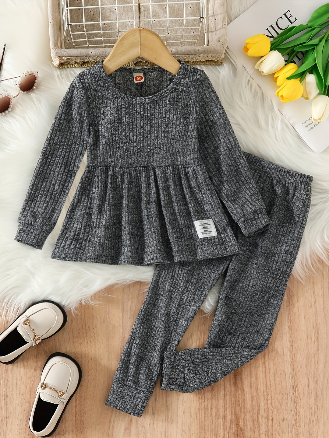 Toddler Girls Ribbed Long Sleeve Flared Hem Top + Matching Pants Kids Clothes