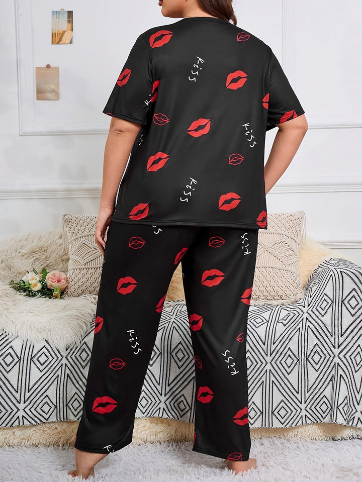 Women's Valentine's Day Casual Lounge Set, Plus Size Kiss & Letter Print Short Sleeve Top & Pants Pajamas 2 Piece Set