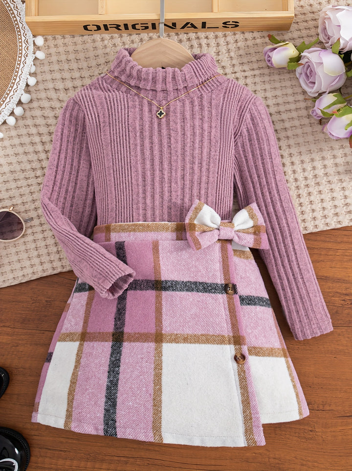 Elegant Outfits 2pcs Girls, Solid Turtleneck Pullover + Plaid Skirt Autumn Clothes Gift