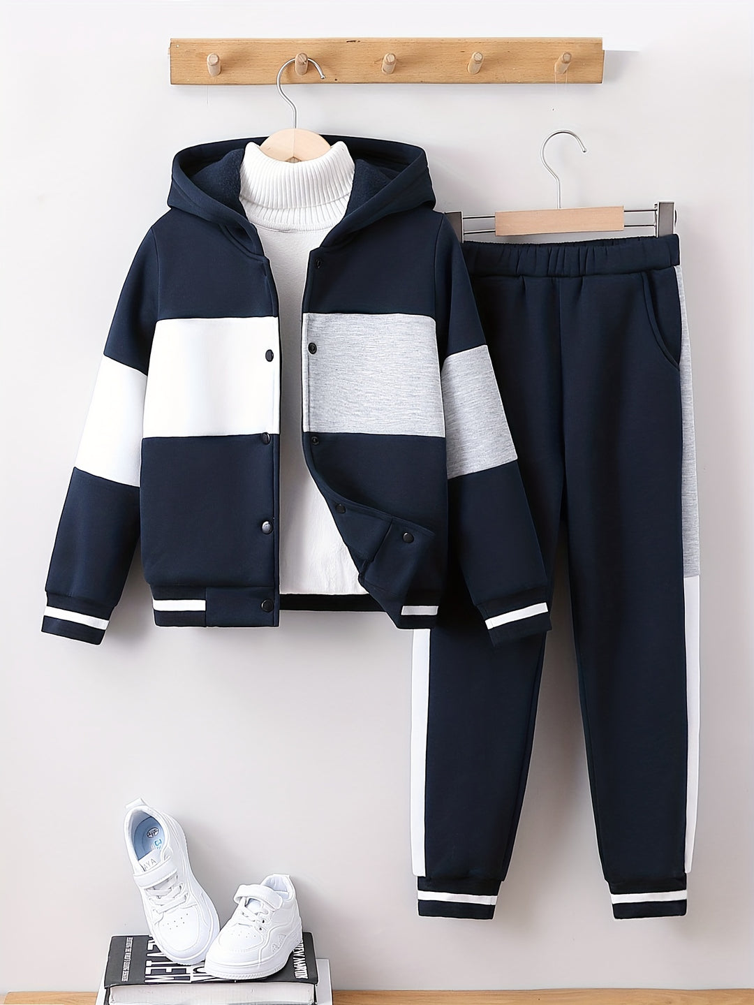 Boy's Color Clash 2pcs, Hooded Jacket & Sweatpants Set, Windproof Casual Outfits, Kids Clothes For Spring Fall