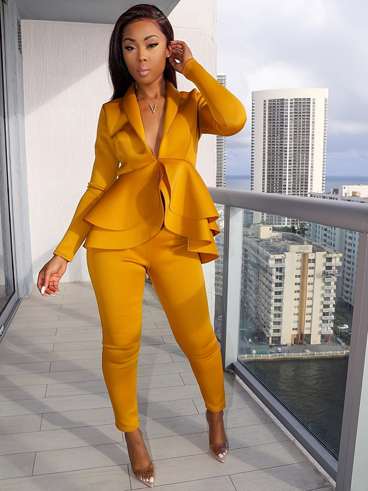 Solid Deep V Neck Long Sleeve Ruffled Hem Tunic Pantsuits, Long Length Bodycon Street Pantsuits, Women's Clothing
